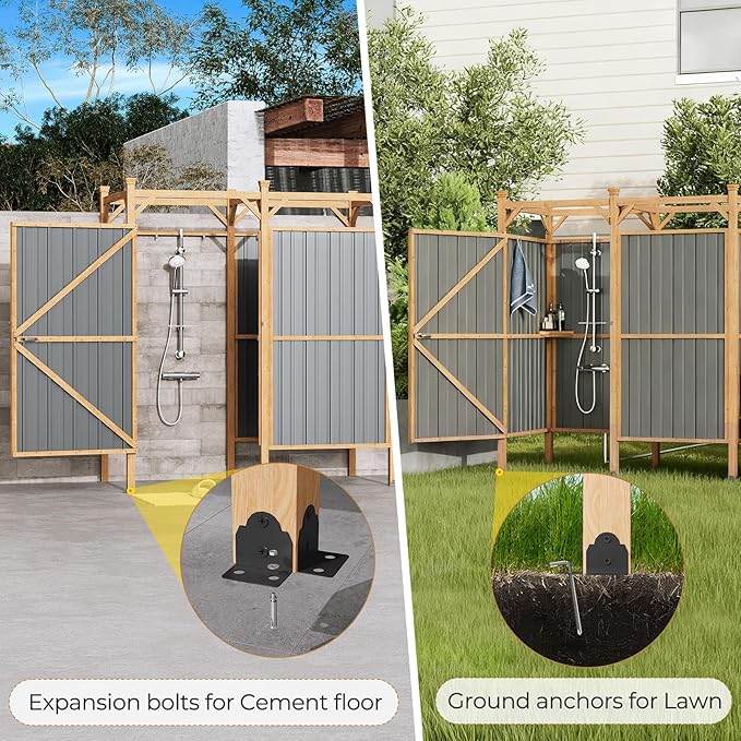 EROMMY Outdoor Shower Enclosure with Lockable Door Weatherproof Outdoor Shower Stall with Metal Panels Hooks &amp Shelves - Perfect for Pool Wash Station Backyard &amp Beach Rinse Area Large Vers