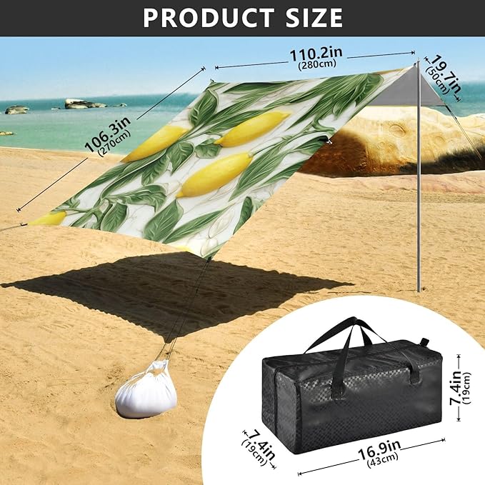 ALAZA Lemon Green Leave Marble Beach Tent Sun Shelter Portable Canopy Sunshade for Outdoor Camping Picnics Backyard Fun 10x9 ft
