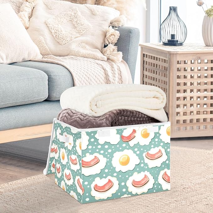 Storage Cube with Lid Bacon Egg Cartoon Print 16.5×12.6×11.8 IN 1 Pack Collapsible Large Capacity Foldable Storage Basket Bin Organizer