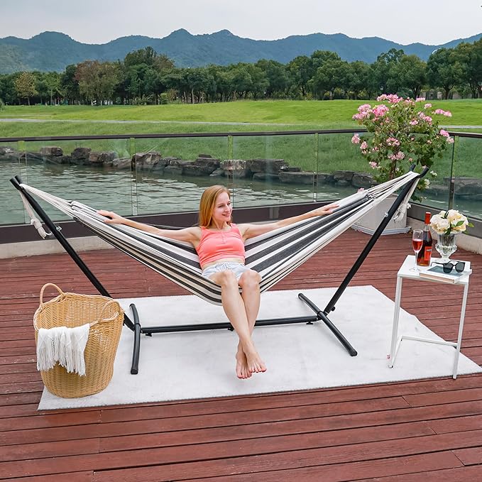 Prime Garden Hammock with Stand for Outside Heavy Duty Space Saving Steel Stand with 450 lb CapacityDouble Hammock with Portable Carrying Bag Hamacas para Adultos for Outdoors Patio Garden Yard