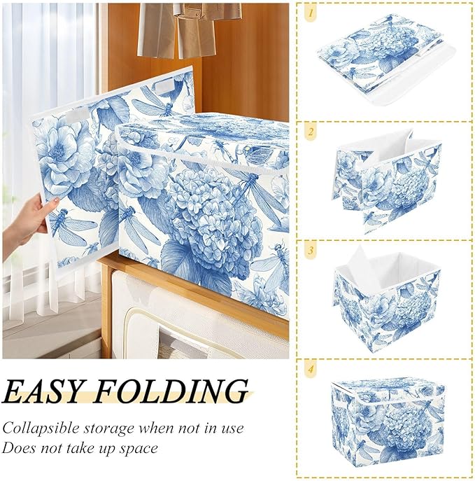 Collapsible Storage Bins with Lids Decorative Fabric Storage Cubes Closet Organizer and Storage Basket Boxes Containers for Clothes Box Chest Folding Rectangle Blue Hydrangeas Butterf