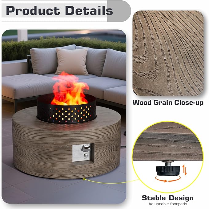 2-Piece 30 Round Propane Fire Pit for Outside Patio with Hidden Tank Table 50000 BTU Fireplaces with Wind Guard Lid Glass Rocks Cover(Wood Grain Walnut)