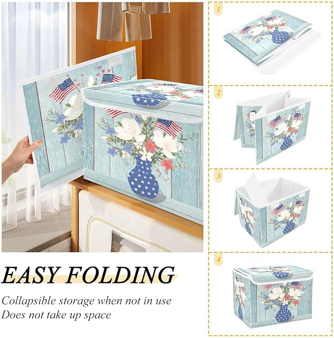 Wood Grain Flowers 4th July Storage Box with Lid 1 PC Foldable Storage Bin with Lids Stackable Storage Bins Cube Closet Organizer Basket with Flip-Top Lid &amp Handles for Shoes Books Towels