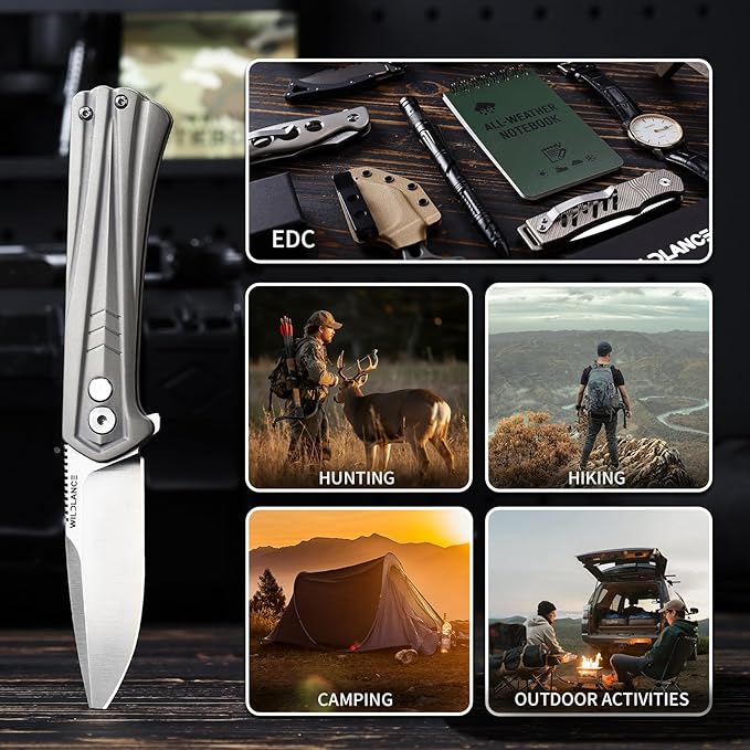 Small EDC Pocket Knife for Men &amp Women - 3 Drop Point D2 Blade Titanium Handle with Button Lock &amp Pocket Clip | Small Slim Cool Folding Knife for Daily Carry Camping Hiking &amp Outdoor Us