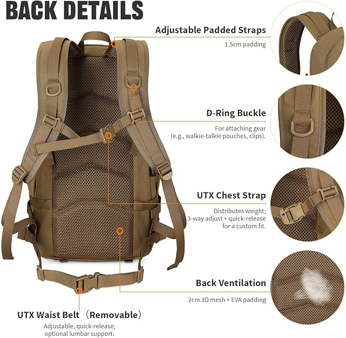 25L Tactical Backpack Small Hiking Backpack with Expandable MOLLE Front and Laptop Sleeve Biking Motorcycle Backpacks for Men