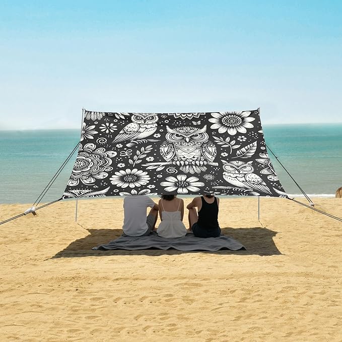 Gray Owls and Flowers Beach Tent Sun Shelter Set UPF50+ UV Protection 10.5 x 9.19 FT Camping Shade Canopy with Sandbags Sand Anchors Carrying Bag and Others