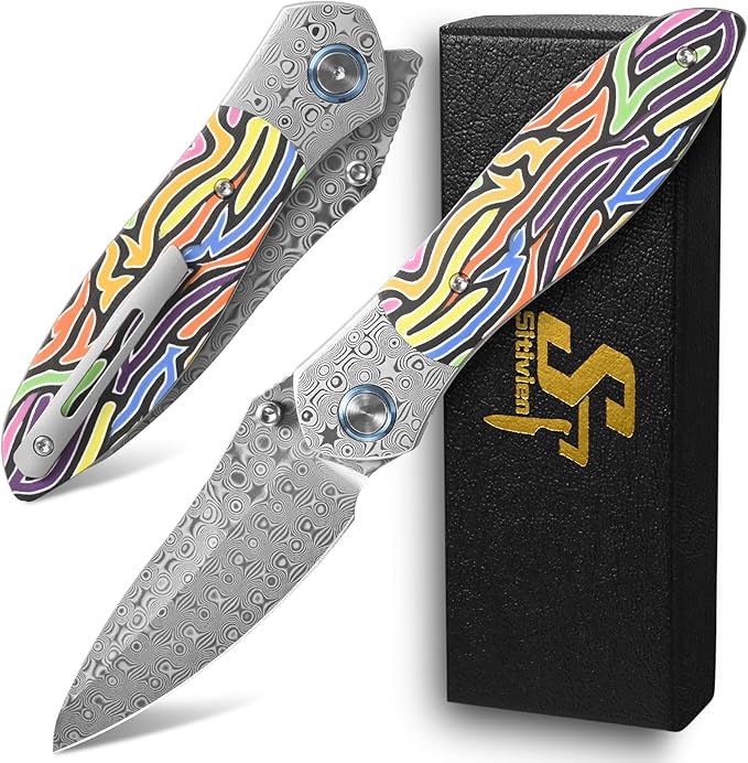 Sitivien ST273 Damascus Steel Blade Folding Knife Colorful G10 &amp Damascus Handle with Ball Bearing for Outdoor Camping Hiking Fishing (Color)