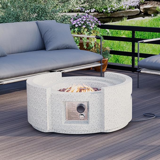 HOMPUS Round Fire Pit Table Outdoor Propane Fire Pit Table w Free Lava Rocks &amp Rain Cover Terrazzo Colorful Fire Pit Table for Patio Outside