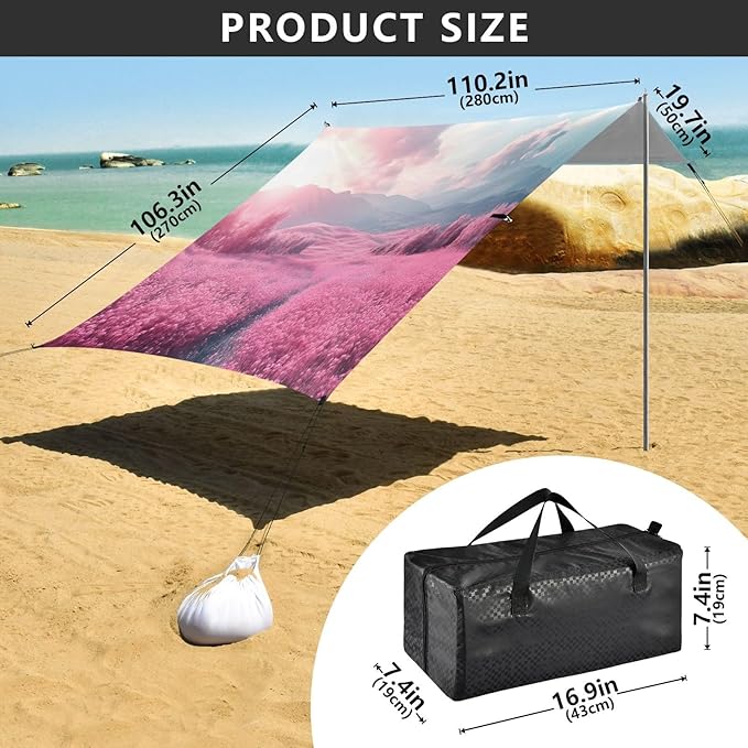 Flower Pink Field Beach Tent Sun Shelter Set UPF50+ UV Protection 10.5 x 9.19 FT Camping Shade Canopy with Sandbags Sand Anchors Carrying Bag and Others