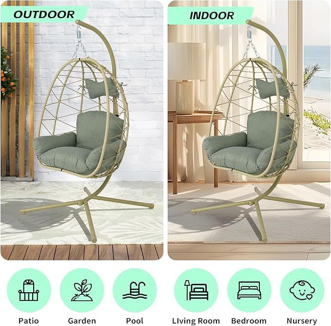 Hanging Egg Chair with Stand Outdoor Indoor Patio Rattan Swing Hammock Chairs with Washable Cushion PE Wicker Swing Chair for Backyard Bedroom Garden (Cyan + Dark Green Cushion No Footrest)