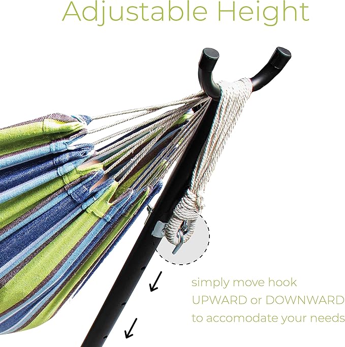 Backyard Expressions Double Camping Hammock with Steel Stand &amp Carrying Bag Adjustable Height Ultra Soft Cotton Blend 550 lb Capacity Indoor &amp Outdoor Portable Hammock