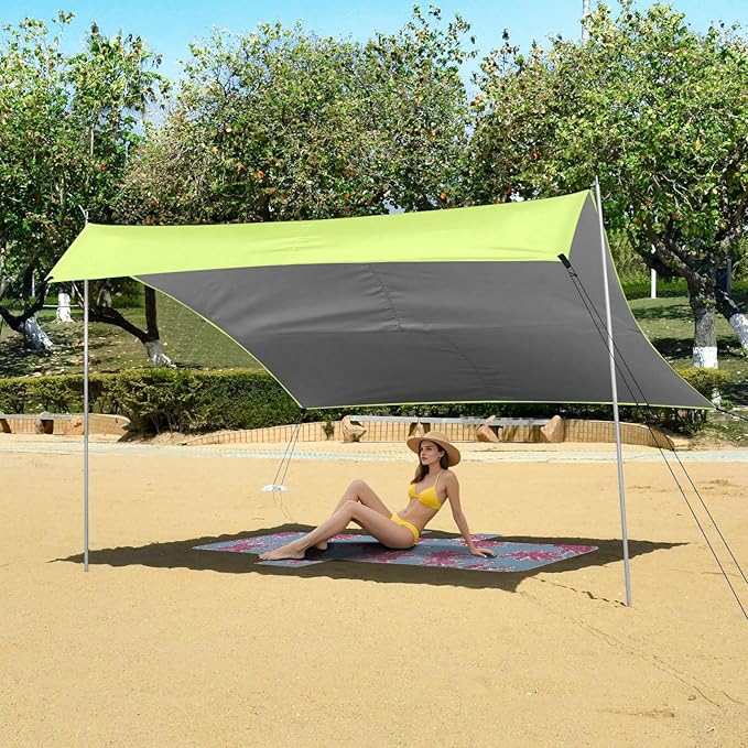 xigua Grass Green Beach Tent Sun Shelter with Carrying Bag - Silver Coated Oxford Fabric Beach Canopy for Beach Camping Fishing - Includes Windproof Ropes Sandbags &amp Stakes