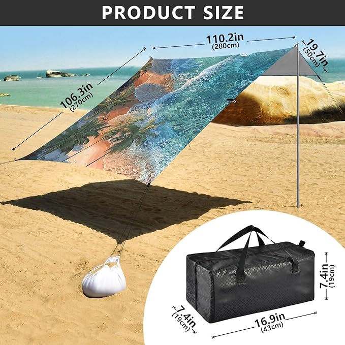 ALAZA Beach Palm Trees Beach Tent Sun Shelter UPF50+ Protection Beach Shade Canopy w/ 4 Sandbags for Outdoor Camping Fishing Backyard Fun Picnic 10x9 ft