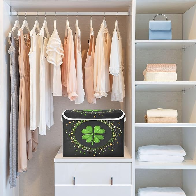 Doodle St. Patrick's Day Shamrock Pattern Foldable Storage Baskets Fabric Boxes with Handle Organizers with Flip-Top Lids Storage Bins for Home Bedroom Office