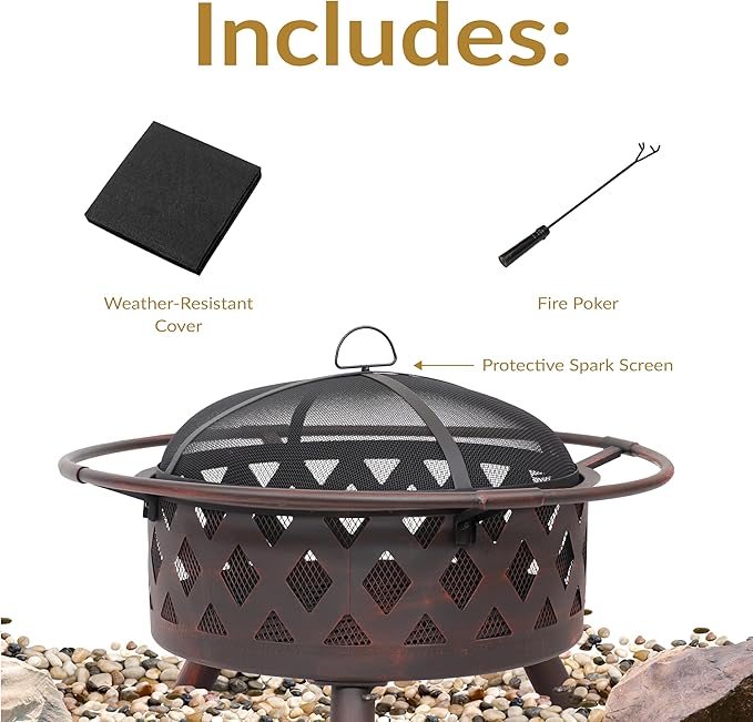 Sunnydaze Crossweave Outdoor Fire Pit - Wood-Burning Fire Pit for Outside with Spark Screen Poker and Round Cover - 30-Inch - Bronze