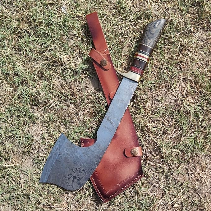 Custom Handmade Viking Hatchet Axe 216+ Layers Damascus Steel Bearded - Camping - Battle - Tomahawk Axes with Leather Sheath