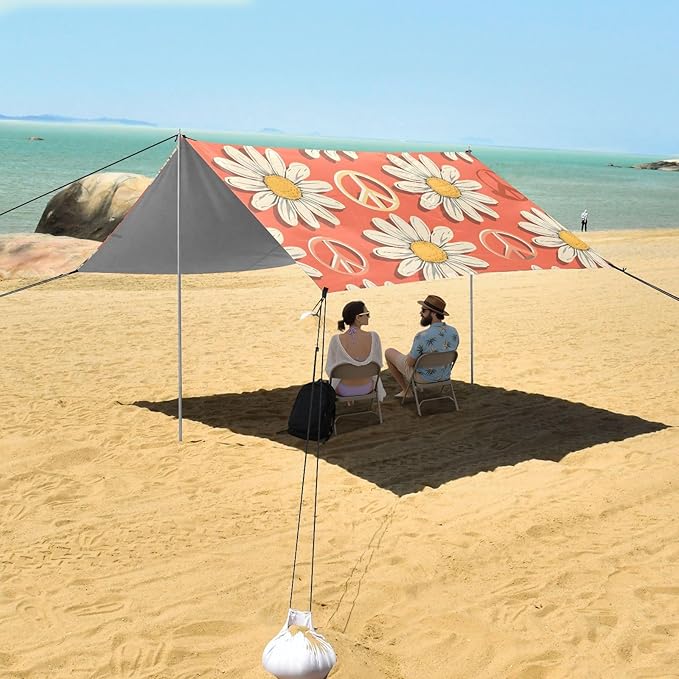 ALAZA Daisy Flower Peace Symbol Beach Tent Sun Shelter UPF50+ Protection Beach Shade Canopy w/ 4 Sandbags for Outdoor Camping Fishing Backyard Fun Picnic 10x9 ft