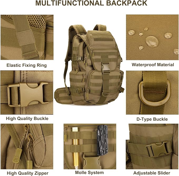 50L Military Tactical Backpack Molle Rucksack Large Army 3 Day Assault Pack Heavy Duty Backpack for Men (Brown)