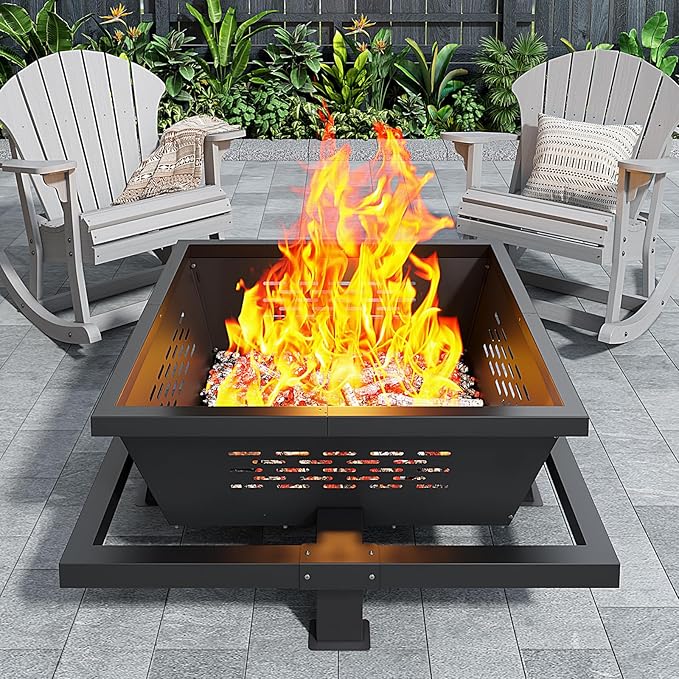 42 Large Fire Pit Square Outdoor Fire Pit with Poker Wood Burning FirePit for Camping Backyard Patio
