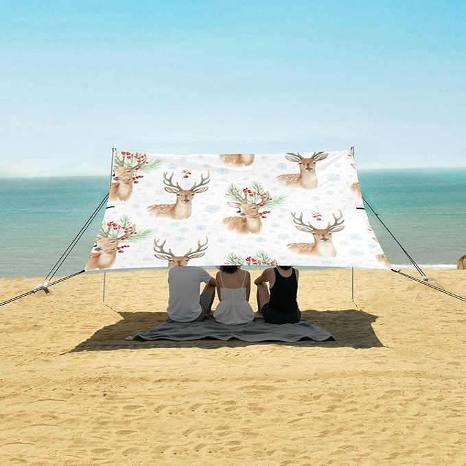 xigua Deer Beach Tent Sun Shelter with Carrying Bag - Silver Coated Oxford Fabric Beach Canopy for Beach Camping Fishing - Includes Windproof Ropes Sandbags &amp Stakes