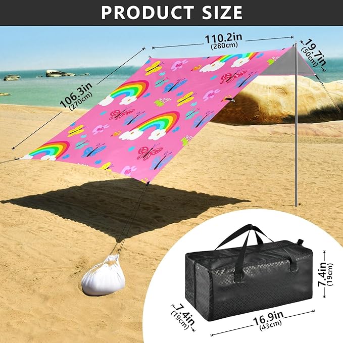 xigua Butterflies Beach Tent Sun Shelter with Carrying Bag - Silver Coated Oxford Fabric Beach Canopy for Beach Camping Fishing - Includes Windproof Ropes Sandbags &amp Stakes