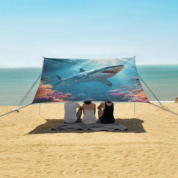 ALAZA Shark Coral Beach Tent Sun Shelter Portable Canopy Sunshade for Outdoor Camping Picnics Backyard Fun 10x9 ft
