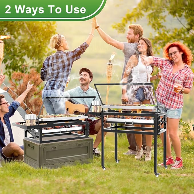 Charcoal Flip Grill for BBQ Black Barbecue Grills for Outdoor Camping Portable Tabletop Charcoal Grill with 360 Degrees Reversible Cooking Grid Removable Tray Adjustable Steel Frame