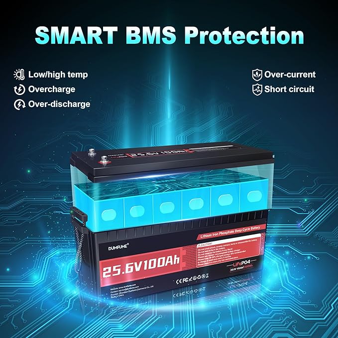 24V 100Ah LiFePO4 Lithium Battery4000+ Cycles &amp 100% DODBuilt-in 100A BMS25.6V High Energy DensityPerfect for RV Solar Off-Grid Camping Home Backup