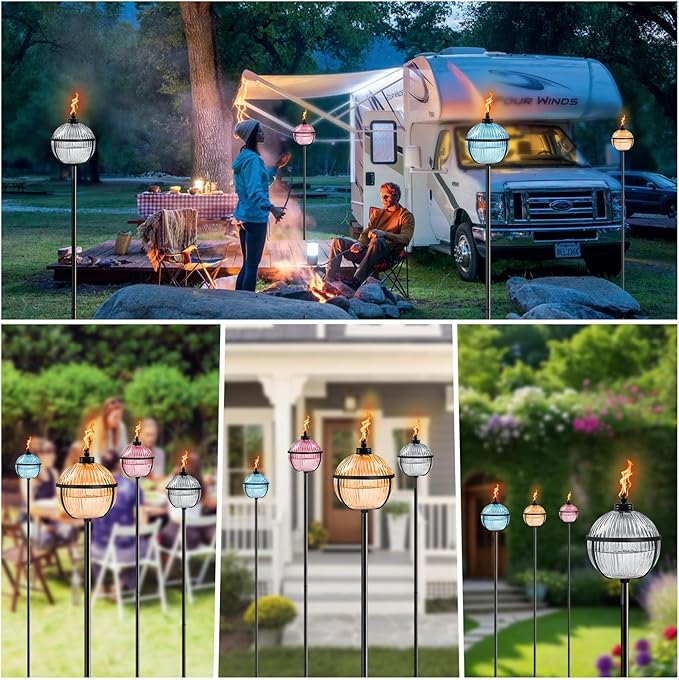 Citronella Torches Set of 4 Large Capacity 16 oz Outdoor Glass Torch Garden Décor58.6 - Inch Upgraded Citronella Torches with 3-Prong Grounded Stake for Yard Patio Gatherin