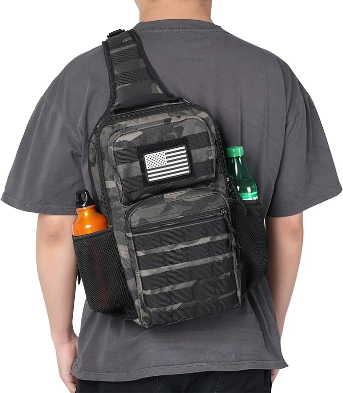 Rover Sling Pack Tactical Shoulder Sling Bag Backpack with Bottle Holder Crossbody Chest Bag Black Camo