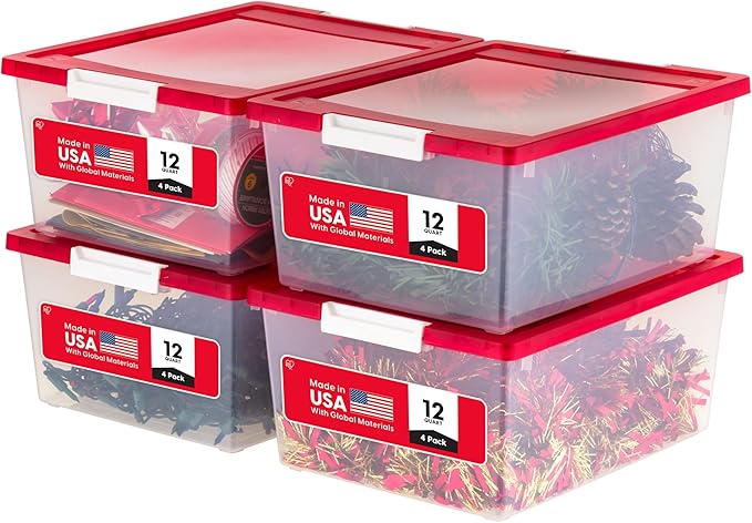 IRIS USA 12 Qt. Plastic Storage Bins Containers with Lids 4 Pack Sensory Bin Craft Storage Craft Organizers and Storage Organizing Container for Home Office School Supplies Stackable Clear/Red