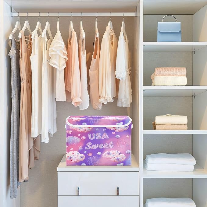 Storage Bins With Lid Stackable Fabric Closet Organizer Clothing Storage Large Boxes For Closet Shelves Bedroom Purple Usa Sweet Cloud Candy