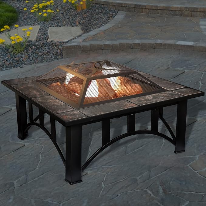 Fire Pit - 33-Inch Outdoor Firepit Table with Screen Cover and Poker - Outdoor Fire Pits for Backyard Deck Patio or Porch by Pure Garden (Black)