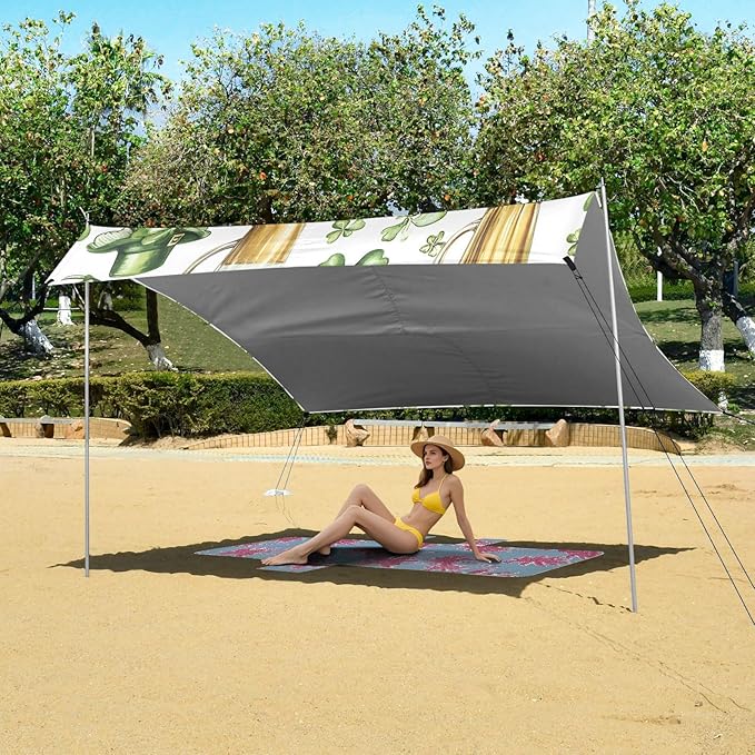 xigua St. Patrick's Day Beach Tent Sun Shelter with Carrying Bag - Silver Coated Oxford Fabric Beach Canopy for Beach Camping Fishing - Includes Windproof Ropes Sandbags &amp Stakes