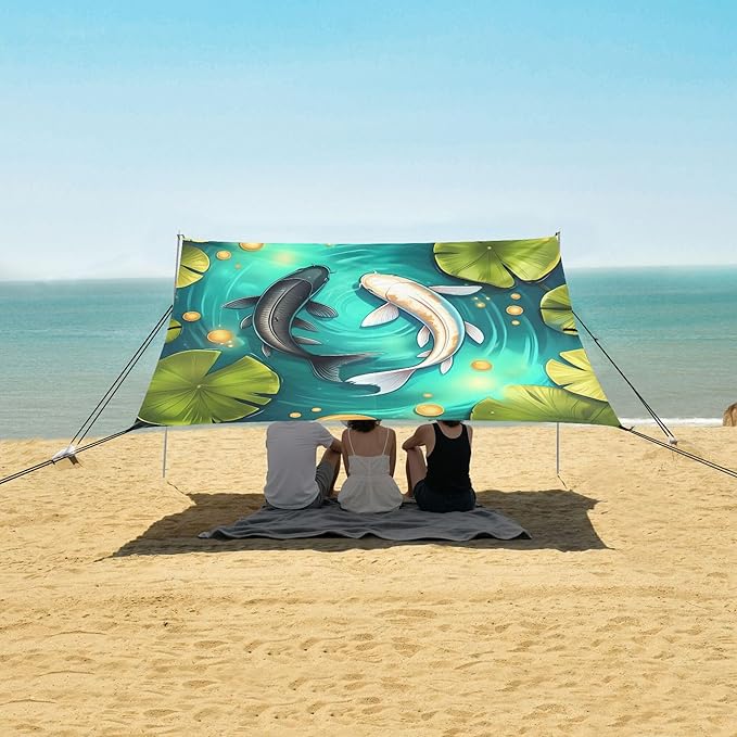 Fish Beach Canopy Sun Shelter with Sandbags &amp Sand Shovel &amp Windproof Ropes - Portable 110x126 Beach Shade Beach Tent for Camping Picnics
