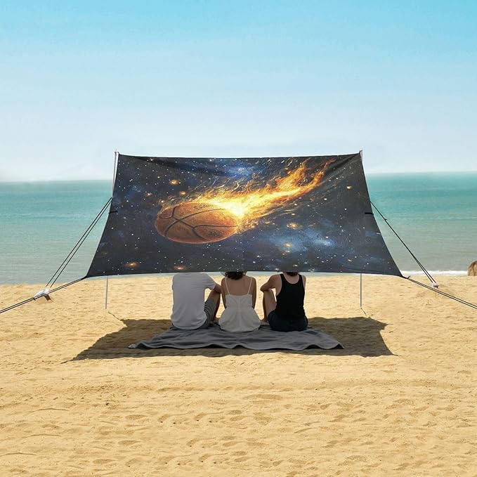 ALAZA Firing Basketball Starry Sky Beach Tent Sun Shelter UPF50+ Protection Beach Shade Canopy w/ 4 Sandbags for Outdoor Camping Fishing Backyard Fun Picnic 10x9 ft