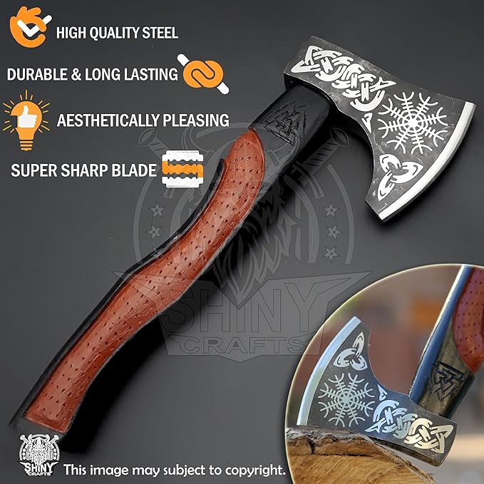 SHINY CRAFTS® Handcrafted Viking Axe – Nordic Engraved Blade with Wooden Handle Unique Gift for Men Collectors and Fantasy Enthusiasts (SCA-01)