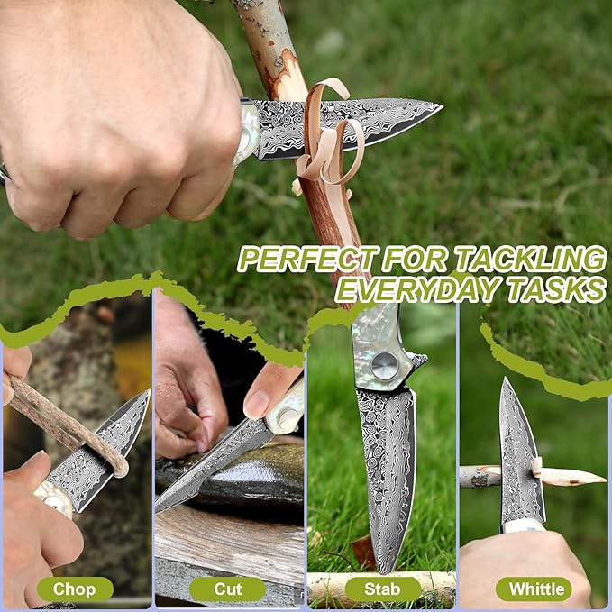 Benkey Damascus Pocket Knife Extremely Sharp VG10 Core Damascus Steel Folding Knives with Clip and Leather Sheath Unique Abalone Seashells Handle Ball Bearing Liner Lock Knife for EDC Men Women