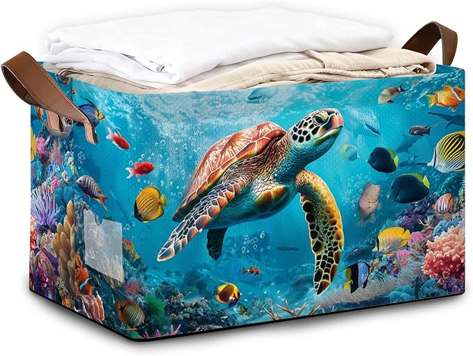 Sea Turtle Storage Bins with Handles Collapsible Storage for Clothes Gift Basket Blankets &amp Closet Organization