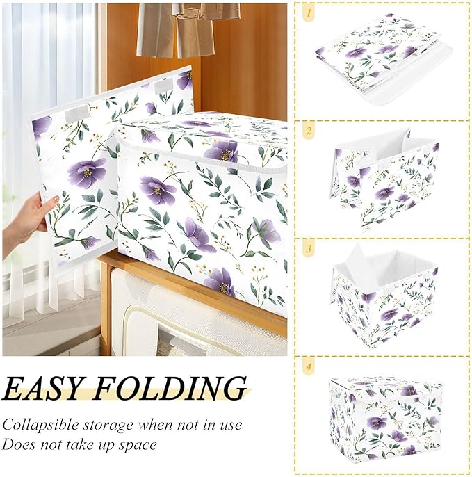 senya Baskets Collapsible Storage Bins with Lids Purple Flower Leaves Storage Boxes Clothes Baskets for Organizing