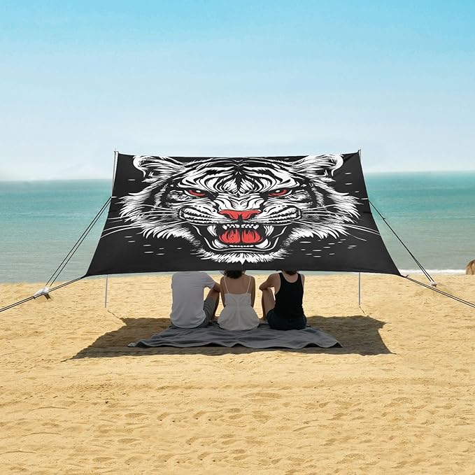 Roaring Tigers Black Beach Cabana UPF50+ Waterproof Portable Sun Shelter with Sandbags and Shovel for Backyard and Camping