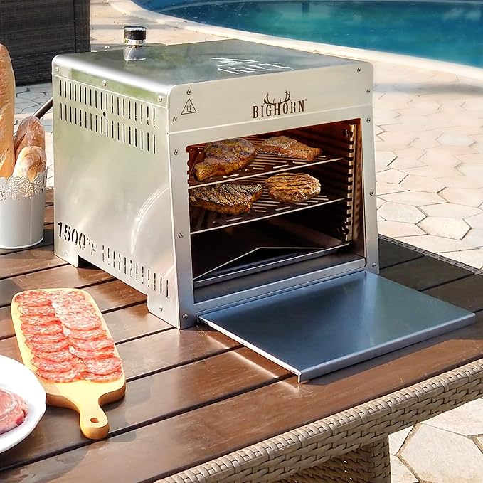 BIG HORN OUTDOORS 1500°F Small Infrared Propane Gas Grill – Portable Steak Broiler &amp Sear Station Outdoor Salamander BBQ with Pizza Stone Stainless Steel