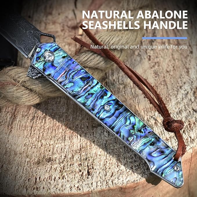 Damascus Pocket Knife 8.97 Tanto Folding Knife Handmade Forged VG10 Core 67-Layer Damascus Steel with Abalone Seashell Handle Leather Sheath