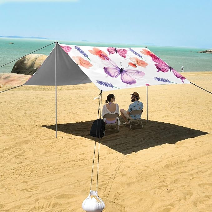 Beach Canopy with Windproof Ropes &amp Sandbags Beach Tent Sun Shade Sun Shelter for Camping Trips Fishing Backyard Fun or Picnics Butterfly
