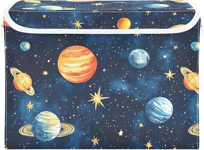 AIXIWAWA Lidded Storage Cube (Watercolor Planets) Fabric Foldable Closet Bins with Flip Lid and Handles Organizer Basket Container 16.5 x 12.6 x 11.8 IN