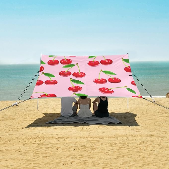 xigua Red Cherries Beach Tent Sun Shelter with Carrying Bag - Silver Coated Oxford Fabric Beach Canopy for Beach Camping Fishing - Includes Windproof Ropes Sandbags &amp Stakes