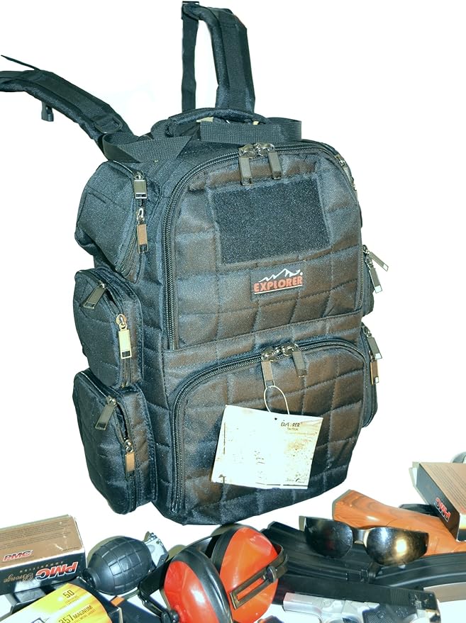 EXPLORER Backpack + Range Bag with Large Padded Deluxe Tactical Divider and 9 Clip Mag Holder - Rangemaster Gear Bag (black)20 x 12.5 x 10