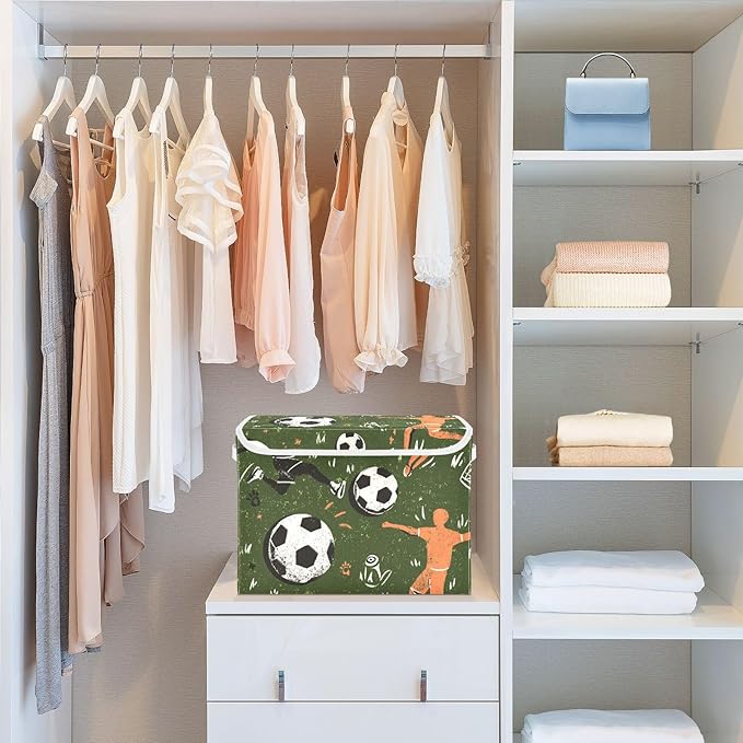Green Soccer Player Ball Outline Storage Box with Lid 1 PC Foldable Storage Bin with Lids Stackable Storage Bins Cube Closet Organizer Basket with Flip-Top Lid &amp Handles for Shoes Books Towels