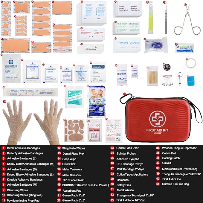 VRIEXSD Premium First Aid Kit 320 Piece Waterproof Hard Shell Eva First Aid Kit for Home Camping Cars Hiking Travel Businesses &amp Outdoor Emergencies - Emergency Medical Kits (Red)