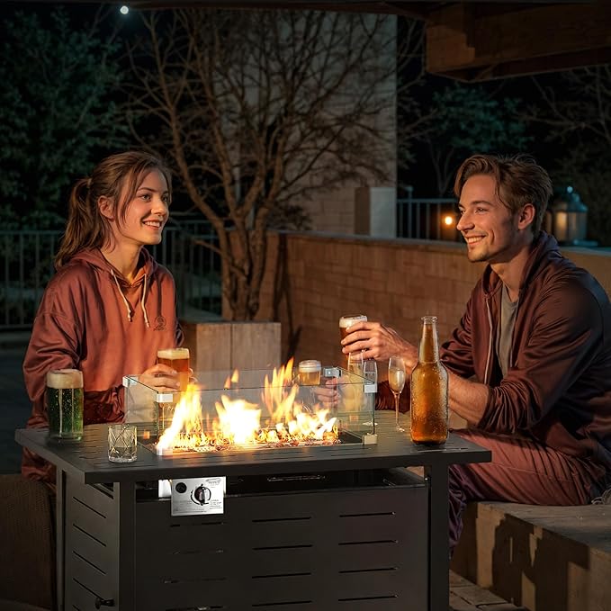 Aoxun 44 Propane Fire Pit Table– 60000 BTU Outdoor Gas Fire Pits with Removable Lid &amp Waterproof Cover Lava Rocks Rectangle Gas Firepit Table for Outside Patio Black